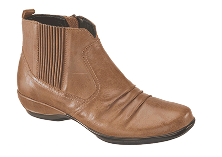 Kailey Product #: EF902 Cognac Ankle bootie with side zipper and leather covered panel gore. Colours: Black, Cognac, Graphite. Sizes: 5-11 in widths B, D Trade Price: US $67.50 - SRP: US $139.95