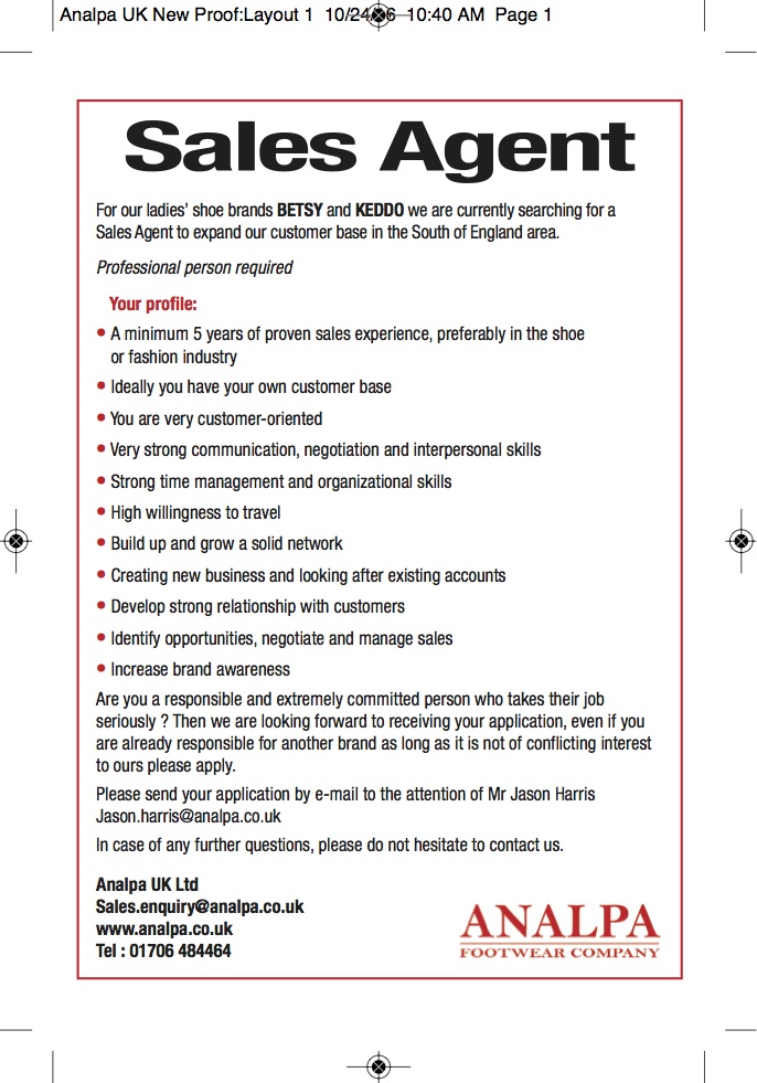 Sales Agent Wanted – Analpa Footwear Company